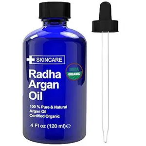 Radha Beauty Cold Pressed Organic Moroccan Argan Oil USDA Certified For Hair Face and Skin (4 oz)
