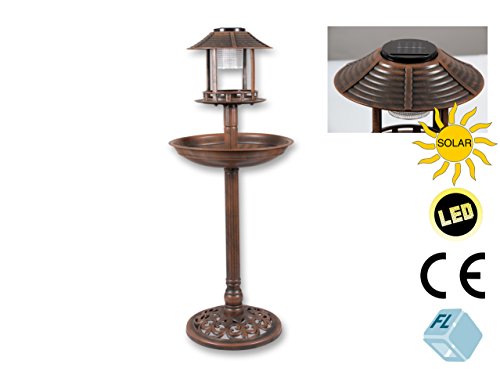 Vogelhotel mit LED Solar-Beleuchtung Höhe: 96 cm, braun/kupfer, detailreich gearbeitet, aus Kunststoff, Vogeltränke Vogelbad Vogelfutterplatz