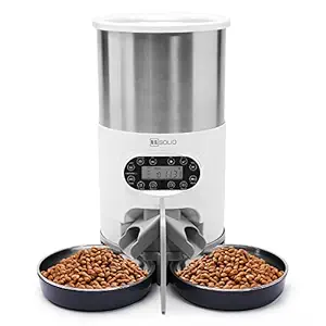 Automatic Stainless Steel Pet Cat Feeder Two-Way Splitter and Double Bowls Dog Feeder Food Dispenser Voice Recorder?Battery and Plug-in Power by U.S. Solid