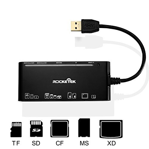 Rocketek USB 3.0 Speicherkartenleser / -schreiber CF-Card, XD-Karte, SD-Karte, SD-Micro, MS-Karte MS DNA-Microkarte mit einem USB-Kabel Design 13 cm Karte - 5 Karten gleichzeitig gelesen