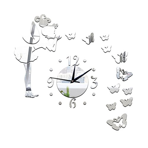 Preisvergleich Produktbild GWELL Modern Wanduhr Spiegel Schmetterling Design DIY Wandtattoo Wandsticker Aufkleber Uhr Zimmerdeko für Wohnzimmer Kinderzimmer silber-2