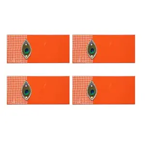 Ochre (Set of 4) Orange Peacock Feather traditional rajasthani, handmade designer shagun envelopes for gifting money for weddings, birthday etc