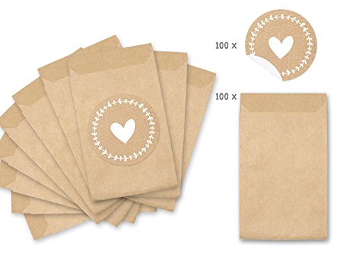Freudentränen Set 100 braune Flachbeutel inklusive 100 runde Aufkleber / Sticker mit Jute-Optik und Herz als Verpackung für Freudentränen Taschentücher – TOP QUALITÄT aus Deutschland by KuschelICH - 2