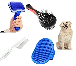 Hachiko (Combo of 4) Imported Pet Hair Flea Comb + Slicker + Hair Brush + Bath Gloves Grooming Kit for All Pets Dog, Cat, Rabbit, Hamster
