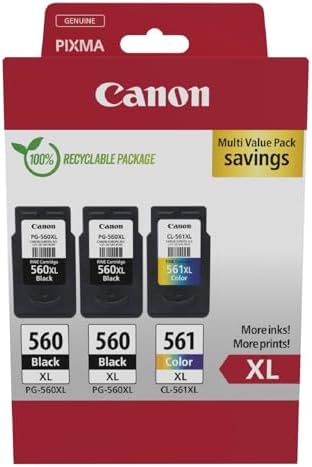 Canon Cartuccia 3 Cartucce per Stampante Originali ad Alta Capacità PG-560XL/CL-561XL (2 x Nero, 1 x Colori)