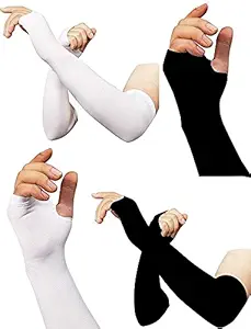 PinKit Men's and Women's Skinny Fit Sun and Dust Protection Arm Sleeves (Black and White, Free Size) - Pack of 2 Pairs