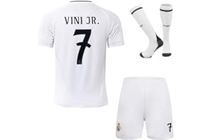 Mokiss Madrid Domicile #7 Vini Jr. Maillot de Football pour Enfants Nouvelle Saison, Shorts, Chaussettes, Tailles Jeune