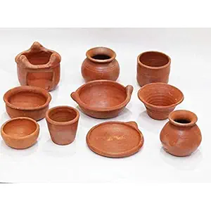 Tillage-Terracotta Miniature Kitchen Set Natural Color for Children Toy Earthenware Playset 11 pcs Set