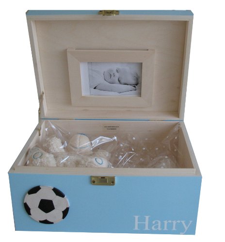 Personalised Extra Large Blue Wooden Baby Keepsake or Memory Box with Football - For newborn babies or an older boy.Unique Christening, Naming Ceremony, Maternity or Baptism Gift