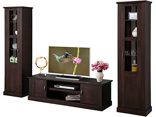 Loft24 Mischa 3-tlg. Wohnwand Wohnzimmer-Set Anbauwand TV-Lowboard Vitrine Landhaus Kiefer Massiv Dunkelbraun (Havanna)