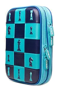 Ofsign Multipurpose Double Zipper Compartment Chess Game Art Pencil Pouch, Mesh Pocket EVA Pencil Case for Men,Women,Girls and Boys (Blue)