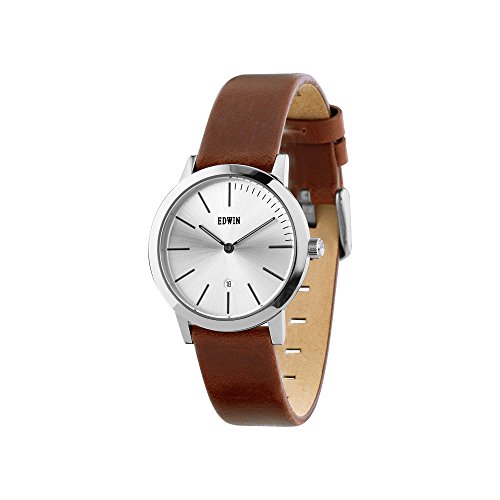 Edwin KENNY Women’s 2 Hand-Date Watch, Stainless Steel Case with Brown Leather Band
