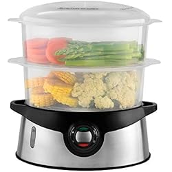 Venga! Cuiseur Vapeur 2-en-1 avec panier cuiseur de riz, Capacité de 9 Litres, Minuteur de 45 minutes, 800 W, Noir/Argenté, VG DG 3000