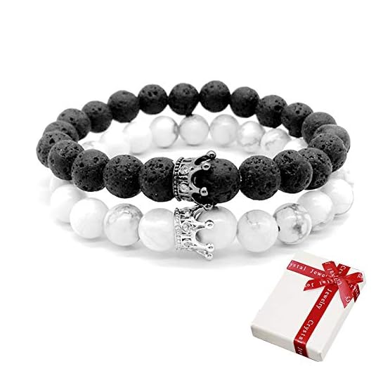 Pulsera Rey y Reina Corona Cuentas de piedra natural para parejas, Pulseras elásticas de piedras preciosas de CZ Coronas…
