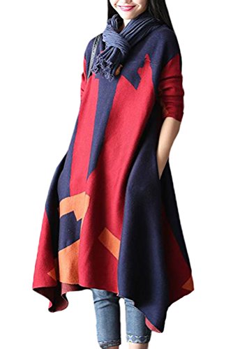 Vogstyle Women's Long Sleeve Printed Patchwork Pullover Sweater Dress Wine Red