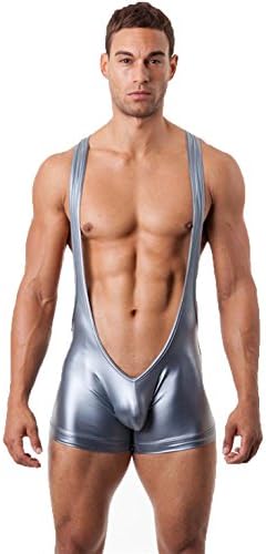 CZIXUN Sexy Boxer Shorts for Men Imitation Leather Teddies Lingerie (M, Silver)