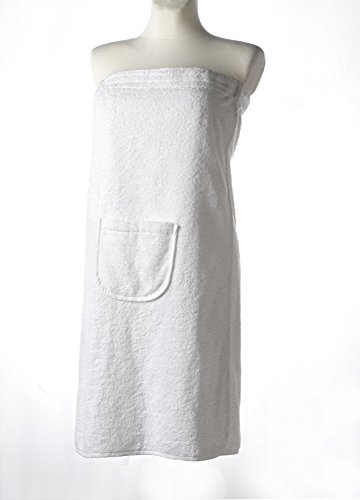 Set Saunakilt Sauna Kilt Sauna-Kilt Sarong für Damen Herren mit aufgesetzter Tasche und Klettverschluss, 100% Baumwolle, Damen 80 x 140 cm Herren 50 x 140 cm, weiß, von Carenesse weiß, mit Gummizug, Klettverschluss und Tasche - 2