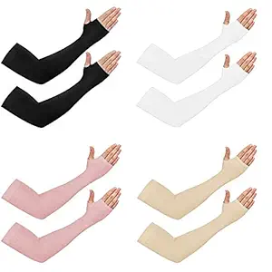 PinKit Cotton & Spandex UV Protection Cooling Arm Sleeves for Men & Women. Perfect for Cycling, Driving & Outdoor Activities-Color-Black,White,Pink,Beige (Pack of 4 Pairs)