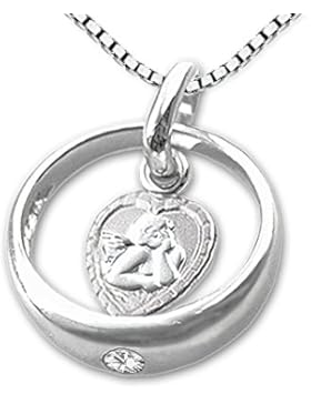CLEVER SCHMUCK-SET Silberner Taufring Ø 12 mm mit einem Zirkonia weiß innen Engel herzförmig und Kette Venezia...