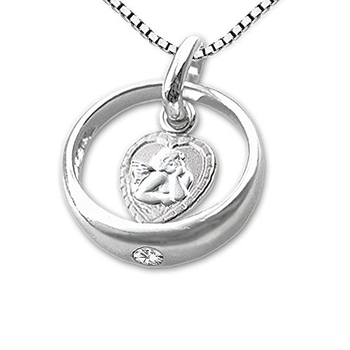 CLEVER SCHMUCK-SET Silberner Taufring Ø 12 mm mit einem Zirkonia weiß und innen Engel herzförmig sowie Kette Venezia 36 cm STERLING SILBER 925