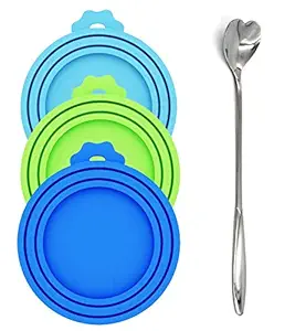 Comtim Pet Food Can Lids, Silicone Can Lids Covers for Dog and Cat Food, Universal Size Fits All Standard Size Dog and Cat Can Tops (3 Pack & Spoon, Multi-Colored)