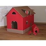 Katzenhaus natur/rot aus Wellpappe, Katzenkorb, Katzenhöhle