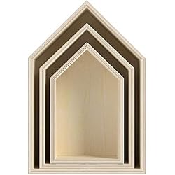 3 pièces Boîte en bois, étagère Box Forme Maison, étagère murale Décoration Murale, bois unbeh.