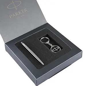 Parker Classic Stainless steel Ball Pen with Parker Keychain (Ink - Blue)