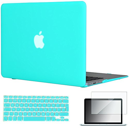 Topideal Schutzhülle, 3 in 1 Gummierte Matte, Seidenmatten, Satins, keramische Elemente, Schutzhülle für MacBook Air 33,8 cm (Modell: A1369 und A1466) + Tastatur-Cover + Displayschutzfolie türkis EU/UK Keyboard Version