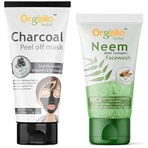 Orgello Charcoal Peel Off Mask | 100 ml |+ Neem And Turmeric Face Wash | 60 ml |Men Women Boys Girls | All Skin Types | Paraben Sulphate Free | Pack of 2