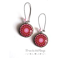 Cabochon Ohrringe 20mm, Mantra, Mandala, rosa und rot, Zen, ethnische Juwel