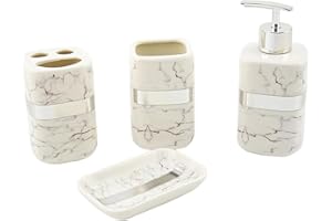Bargain Shack Durable 4pcs Marble Bathroom Set, Vanity Countertop organizer, Contemporary Accessories set, Tooth Brush Holder, Soap Dispenser, Soap Dish & Tumbler. (Silver)