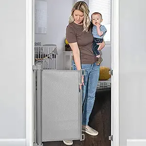 YOOFOR Retractable Baby Gate, Extra Wide Safety Kids or Pets Gate, 33? Tall, Extends to 55? Wide, Mesh Safety Dog Gate for Stairs, Indoor, Outdoor, Doorways, Hallways (Grey, 33