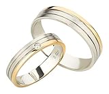 Bicolor Trauringe aus 375 Gold - modernes und zeitloses Design. Hochwertige Verarbeitung und beständige Qualität der Eheringe. Wahlweise in Bicolor Weißgold-Gelbgold oder Bicolor Weißgold-Rotgold. Damenring 4 mm Breite und Herrenring 5 mm Breite. Der Damenring ist mit einem schön funkelnden Diamanten gefasst. 0,02 ct. Brillant in Farbe H (weiß) und Reinheit P1, natürlich und unbehandelt. Stärke/Dicke der Ringe ca. 1,2 mm. Inklusive gratis Schmuck-Etui für Partnerringe.