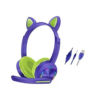 ineix Cute cat Ear Wired Game Headset Earphone for Kids Boys and Girls Cute Headphone with Mic & LED Lights (Purple)