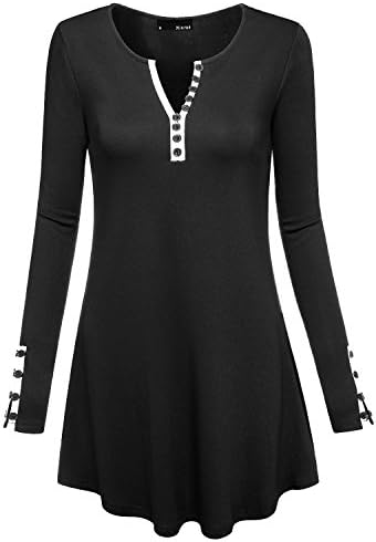 Miurus Tunics For Women Plus Size, Fashion Longline Cotton Knit V Neck Long Sleeve Tunic For Beauty Henley Tunic Shirt Tops XX Large Balck Tunic For Work
