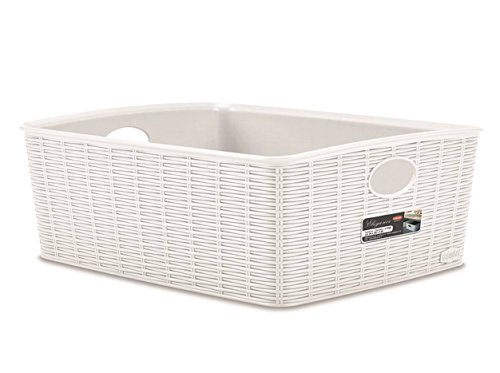XL Aufbewahrungskorb aus robustem Kunststoff in Rattan Optik und in schönem Weiß. Maße 36 x 29 x 13 cm.