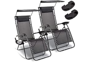 SIAM EXPRESS Zero Gravity Chair w/Cup & Phone Holder Canopy Sun Shade & Headrest Pillow Lounger Recliner Folding Garden Outdoor Patio Deck Chair Textoline Black (1, Black, D176cm x H110cm x W63.4cm)