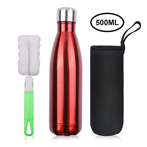 flintronic Portatile Borraccia in Acciaio Inox, Termica Bottiglia d'Acqua Sportive 500ml per Mantenere Caldo e Freddo, con Spazzola di Pulizia, Borracce per Scuola, Sport, All'aperto, Yoga, Palestra