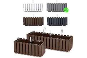 RGVERTRIEB Blumenkasten Blumentopf Balkonkasten Latten-Optik mit Halterungen Wasserspeicher Pflanzkasten Pflanzgefäß inkl. Aufhängung Lattenzaun-Design (580 Grau)