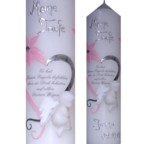 Taufkerze Kommunionkerze 250x60 Mädchen Junge Engel mit Herz Ihr Taufspruch Mit NAMEN DATUM rosa silber Alle Farben möglich ITP158