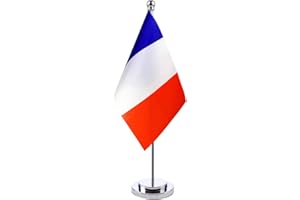 HOLLYLIFE Drapeau Francais de Table avec Mât en Métal Petit Drapeaux France de Bureau Drapeaux de Bureau Français 21 x 14 cm et Support pour Mât Hauteur 30cm pour Bureau Maison Conférences Festival Célébration