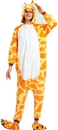 VineCrown Adult Unisex Flannel Animal Pyjamas Hooded Novelty Nightwear One-Piece Sleepsuits Xmas Halloween Costumes Cosplay Jumpsuits Homewear (S For 150CM- 160CM, Giraffe)