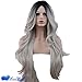Eseewigs Synthetic Long Wave Ombre Wig Two Tones Black Rooted Grey Heat Resistant Cheap Middle Part Wig 130% High Density for Women