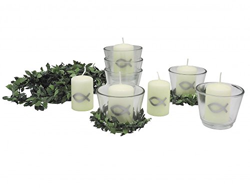 SET: 6x Votivglas 6x Kerzen Fisch Silber mit Kerzenring Kommunion Konfirmation Tischdeko