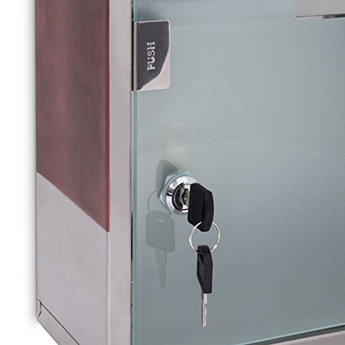Relaxdays Medizinschrank EMERGENCY Edelstahl und Holz-Optik XL HBT: 45 x 30 x 12 cm mit 3 Fächern und Glas-Tür zum Abschließen inkl. 2 Schlüsseln für Erste Hilfe moderner Stil fürs Bad, silber / braun - 4