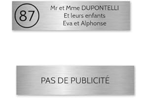 DECOHO - Plaque nom avec numéro + Plaque Stop Pub pour boite aux lettres format Decayeux (100x25mm) argent lettres noires - 3 lignes - hauteur : 2,5 cm