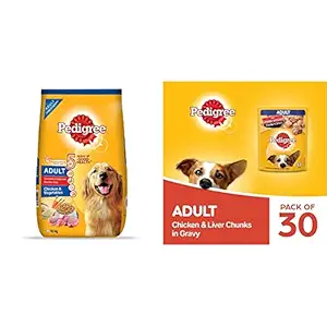 Pedigree Adult Dry Dog Food, Chicken & Vegetables, 10kg Pack & Pedigree Adult Wet Dog Food, Chicken & Liver Chunks in Gravy, 70 g (Pack of 30)