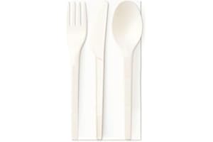 GENERICO Tris Posate Usa e Getta Imbustate con Tovagliolo in Fibra di Mais Biodegradabili, Posate Monouso Compostabili Perfette per Catering, Feste ed Eventi, Set da 20-50-100 Pezzi Disponibile (50 PEZZI)