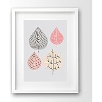 Kunstdruck A4 ungerahmt, Blätter retro, rosa und grau Illustration Deko skandinavisch